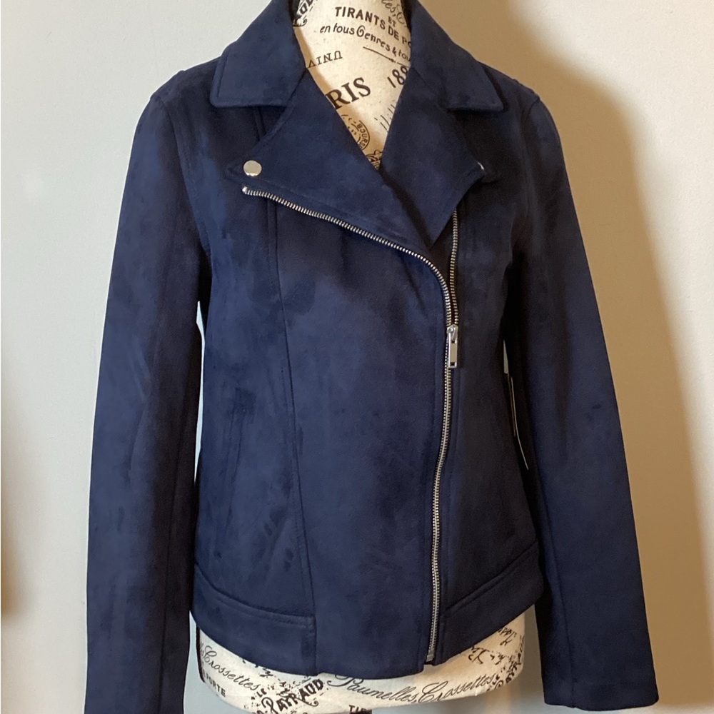 💙NWT 💙 OLD NAVY BLUE FAUX SUEDE FULL ZIP MOTO JACKET 2 FRONT POCKETS SIZE S/P